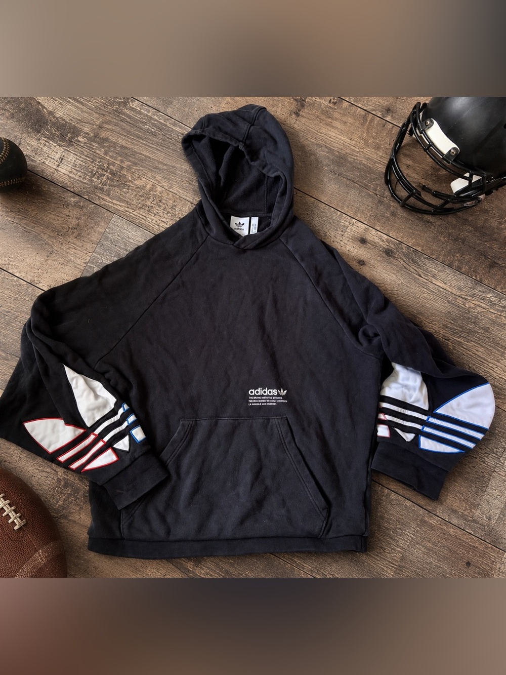 Adidas Originals Trefoil Sleeve Hoodie Black Men’s Med. Graphic Pullover GN2570